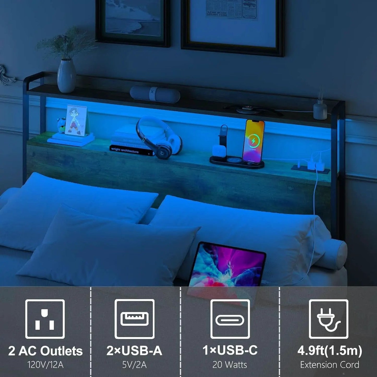 Adjustable Full Size Headboard with USB Ports and Storage from PriceLows™