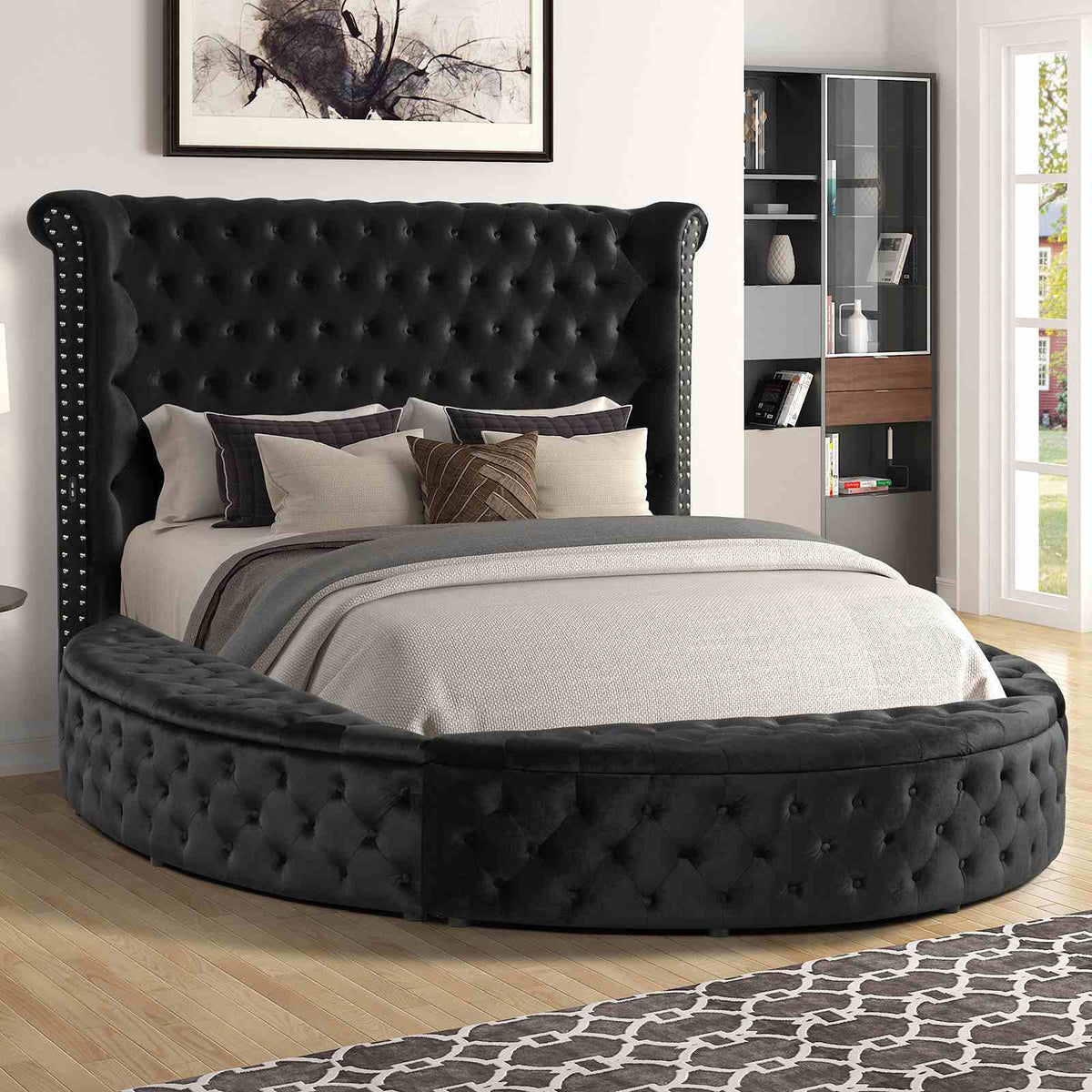 Glam Round Bed | Button Tufted Wingback Headboard | Storage | USB Ports