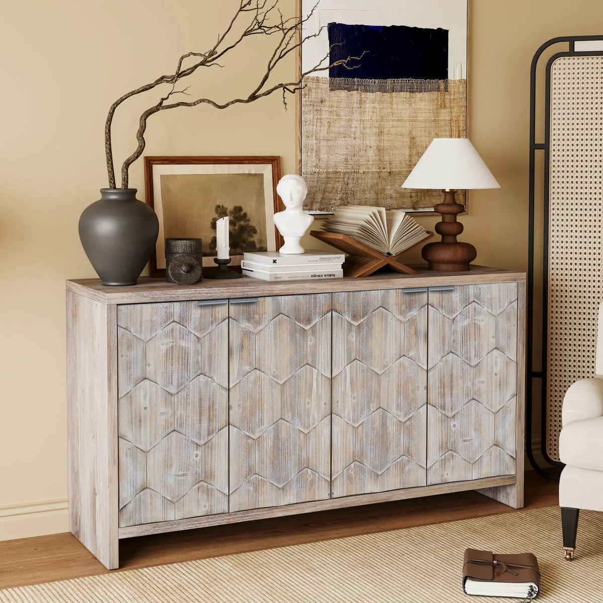 Accent Cabinet Farmhouse Style 4 Door Wooden Cabinet Sideboard Buffet Server Cabinet | 59.84 x 15.7 x 31.49 in | Metal & Wood | Dining Room