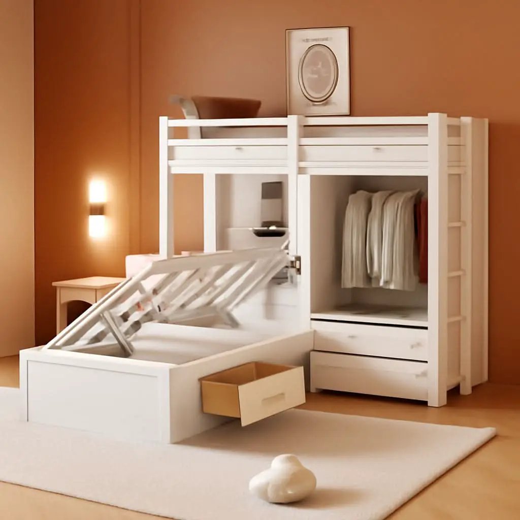 White Twin Over Twin Bunk Bed With Drawers And Wardrobe from PriceLows™