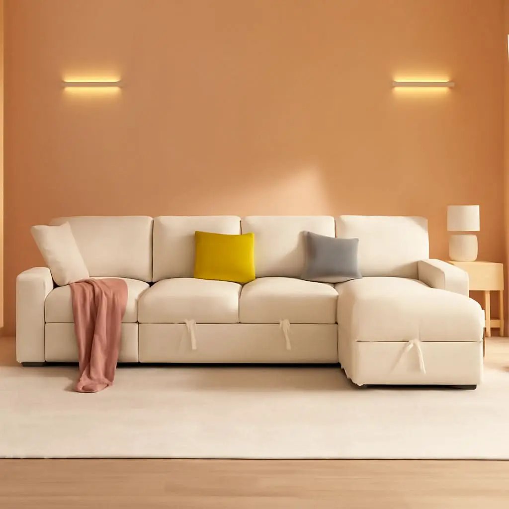 130Inch Beige Upholstered Sleeper Sofa With Storage from PriceLows™