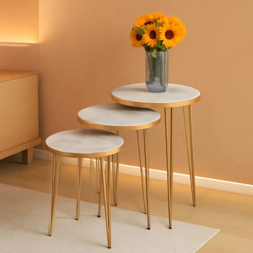 Three Piece Round Nesting End Tables With Marble Gold Legs from PriceLows™