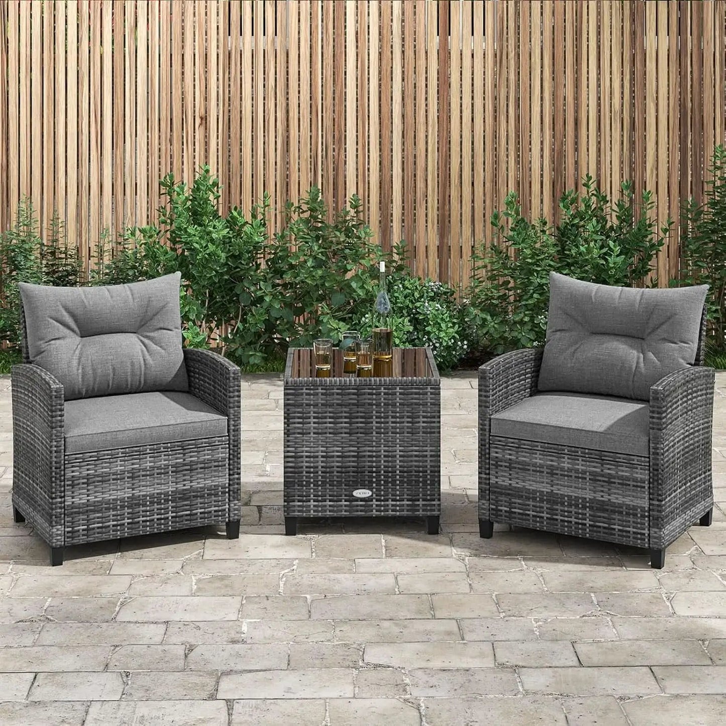 3 Piece Patio Furniture Set Outdoor PE Rattan Conversation Set With Washable Cushions And Tempered Glass Table Grey from PriceLows™
