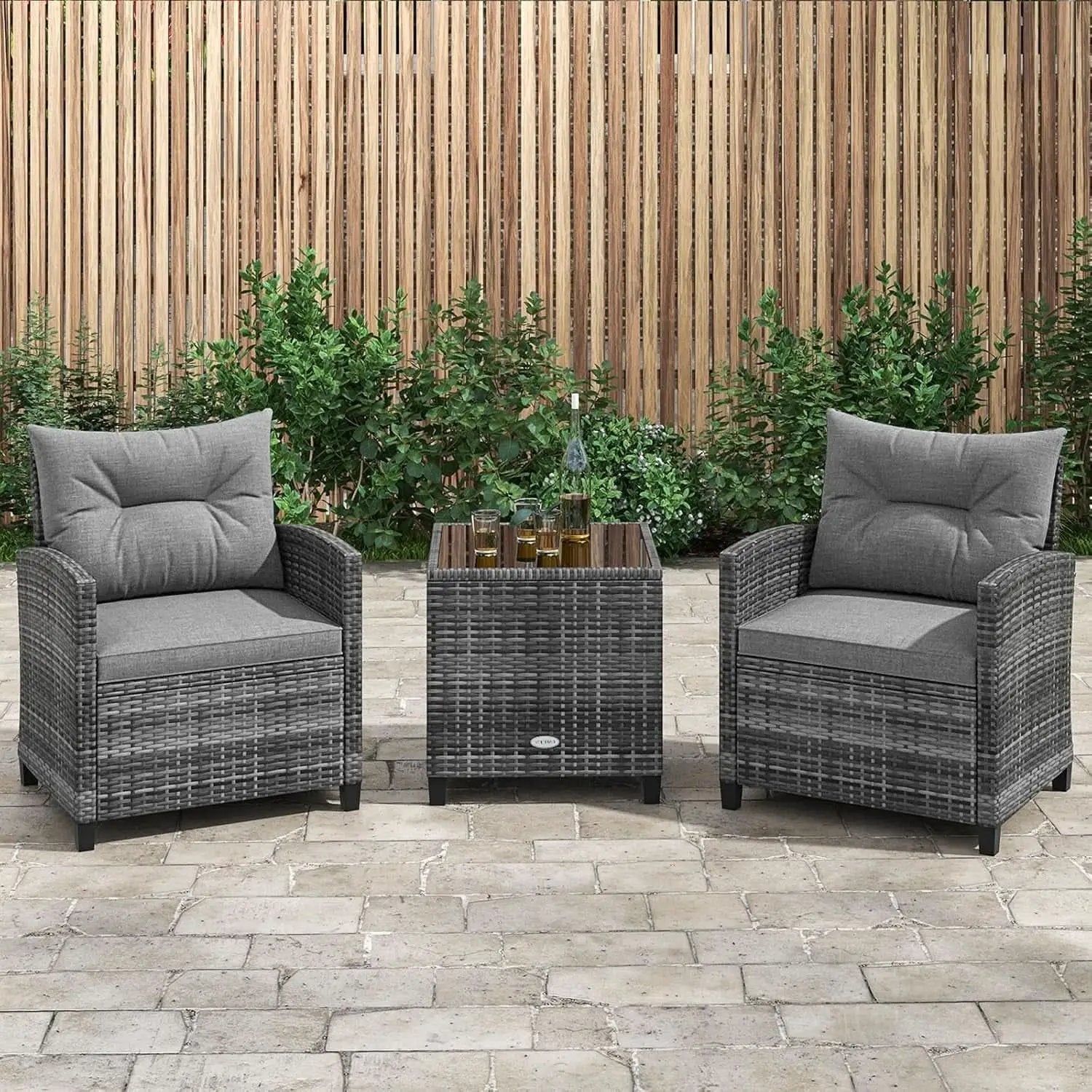 3 Piece Patio Furniture Set Outdoor PE Rattan Conversation Set With Washable Cushions And Tempered Glass Table Grey from PriceLows™