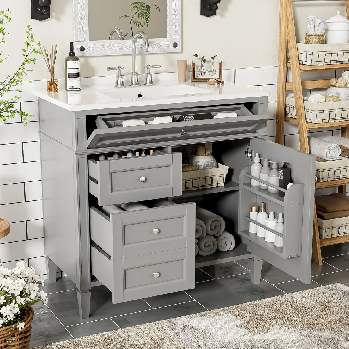 36 Inch Bathroom Vanity With Top Sink | 3 Drawers | Metal Drawer Slides | Ceramic Sink