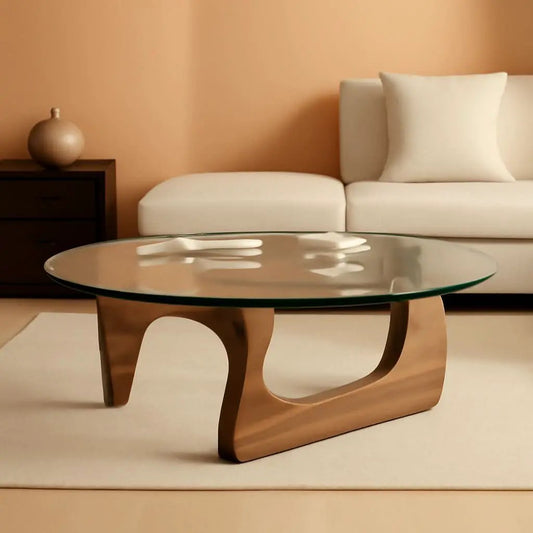 Walnut Clear Glass Oval Coffee Table Diameter 32.68 Inch from PriceLows™