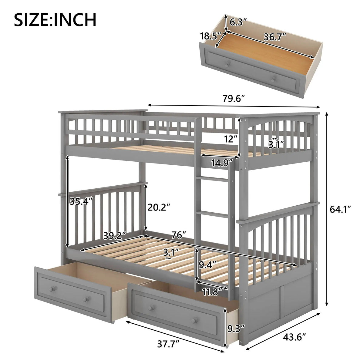 Twin Over Twin Bunk Bed | With Storage Drawers | Convertible | Twin Size
