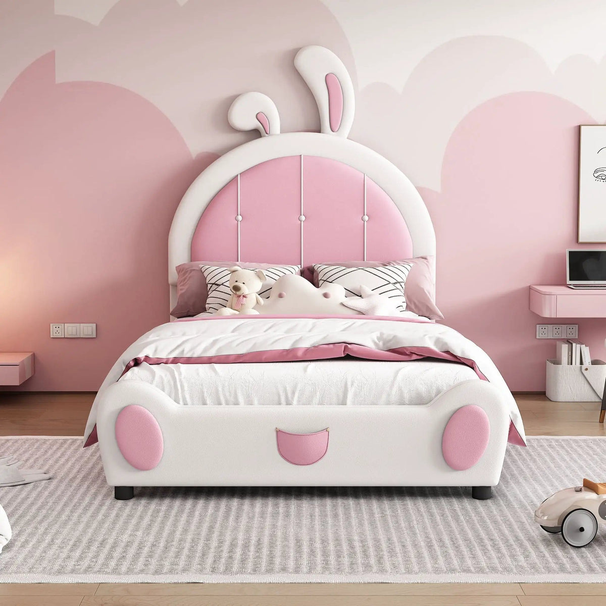 Upholstered Platform Bed With Rabbit Shaped Headboard | 78.7 x 39 x 55.12 in | Pine Wood | Bedroom