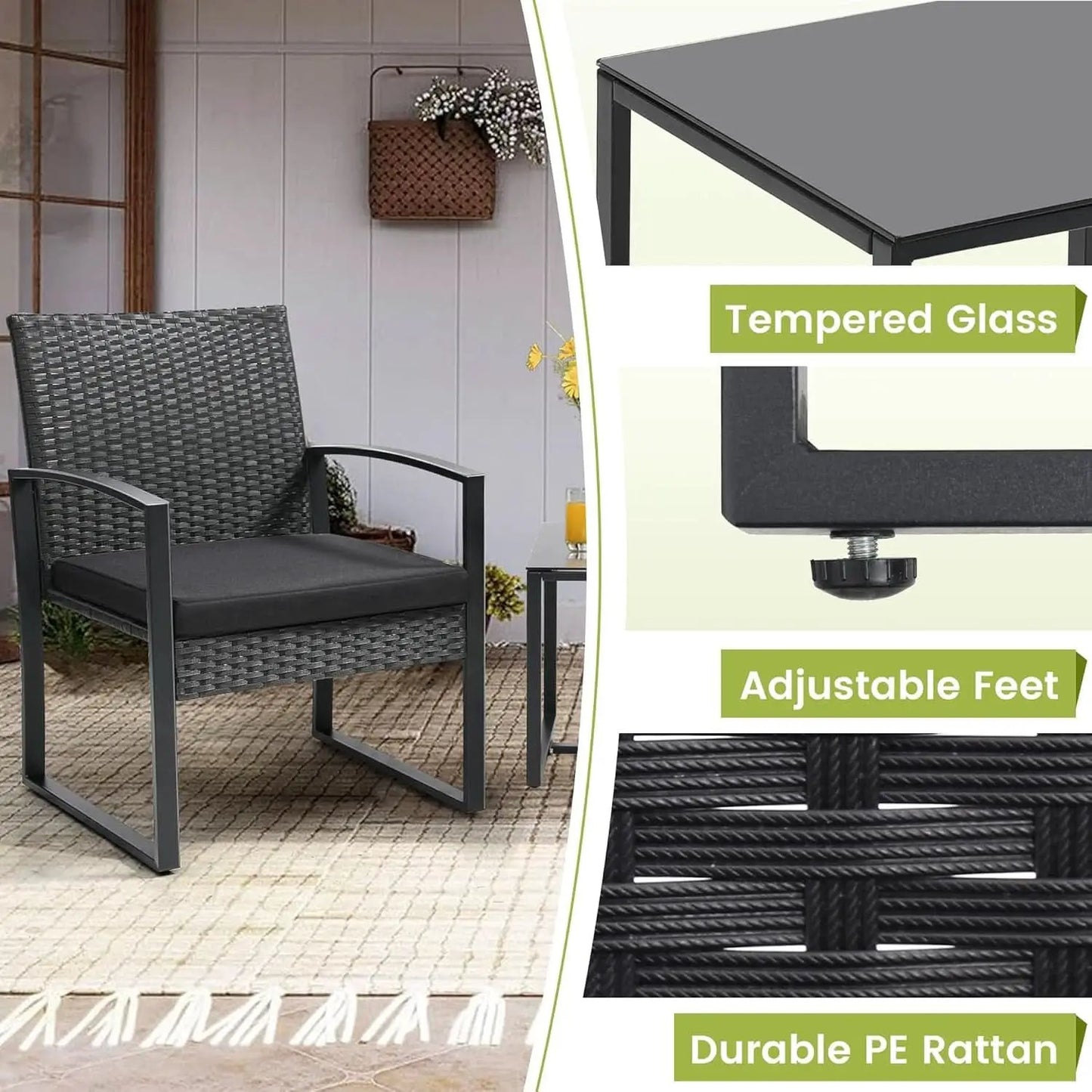 Three Piece Wicker Patio Bistro Set With Coffee Table Black Frame For Balcony Porch And Garden Outdoor from PriceLows™