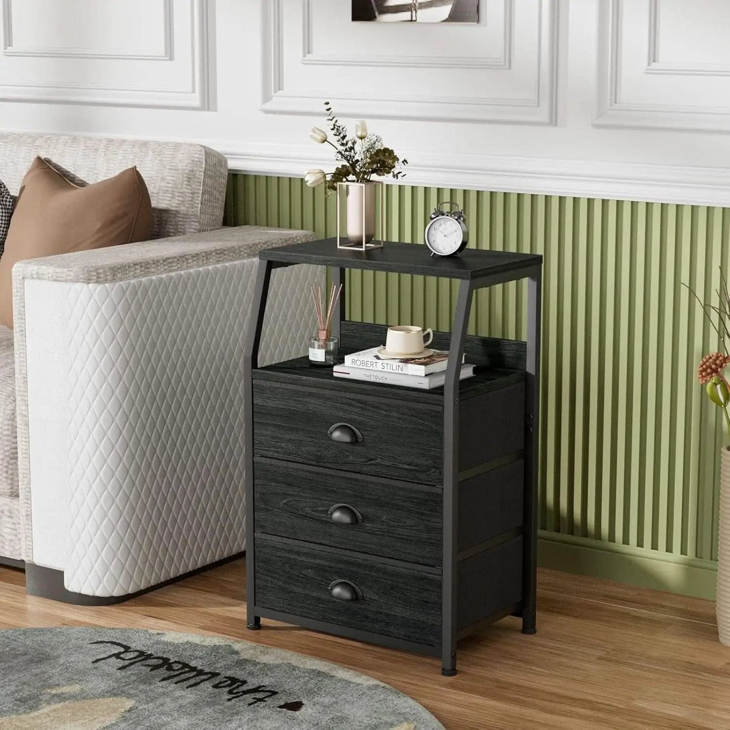 Black Night Stand With 3 Fabric Drawers And 2 Tier Shelf from PriceLows™
