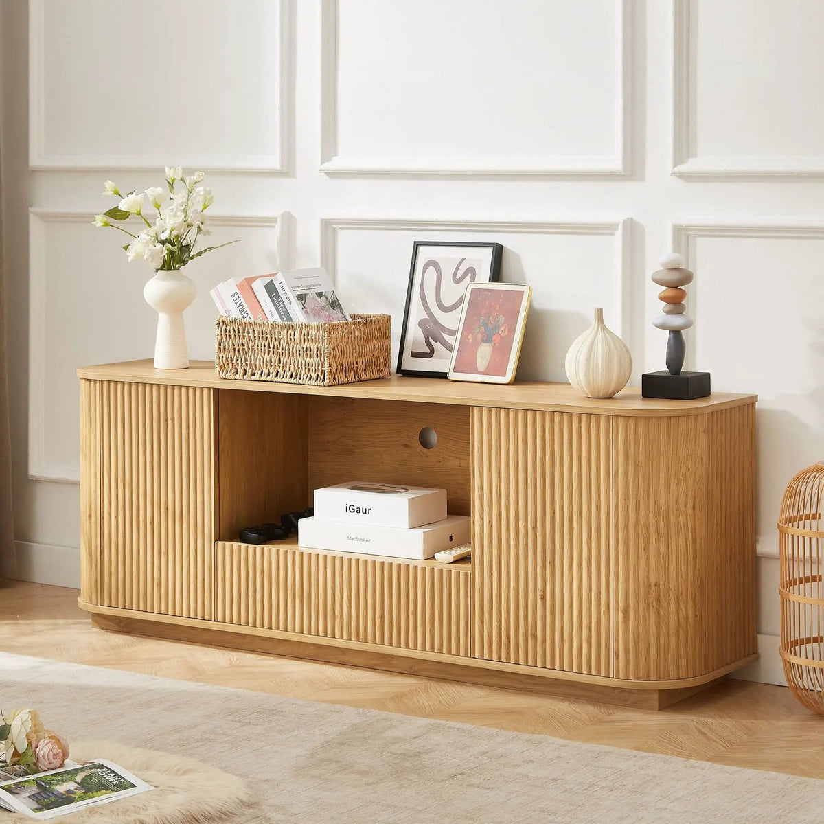 Modern Wavy TV Stand Rounded Sideboard With Storage Cabinet | 2 Pieces | Particleboard | Dining Room