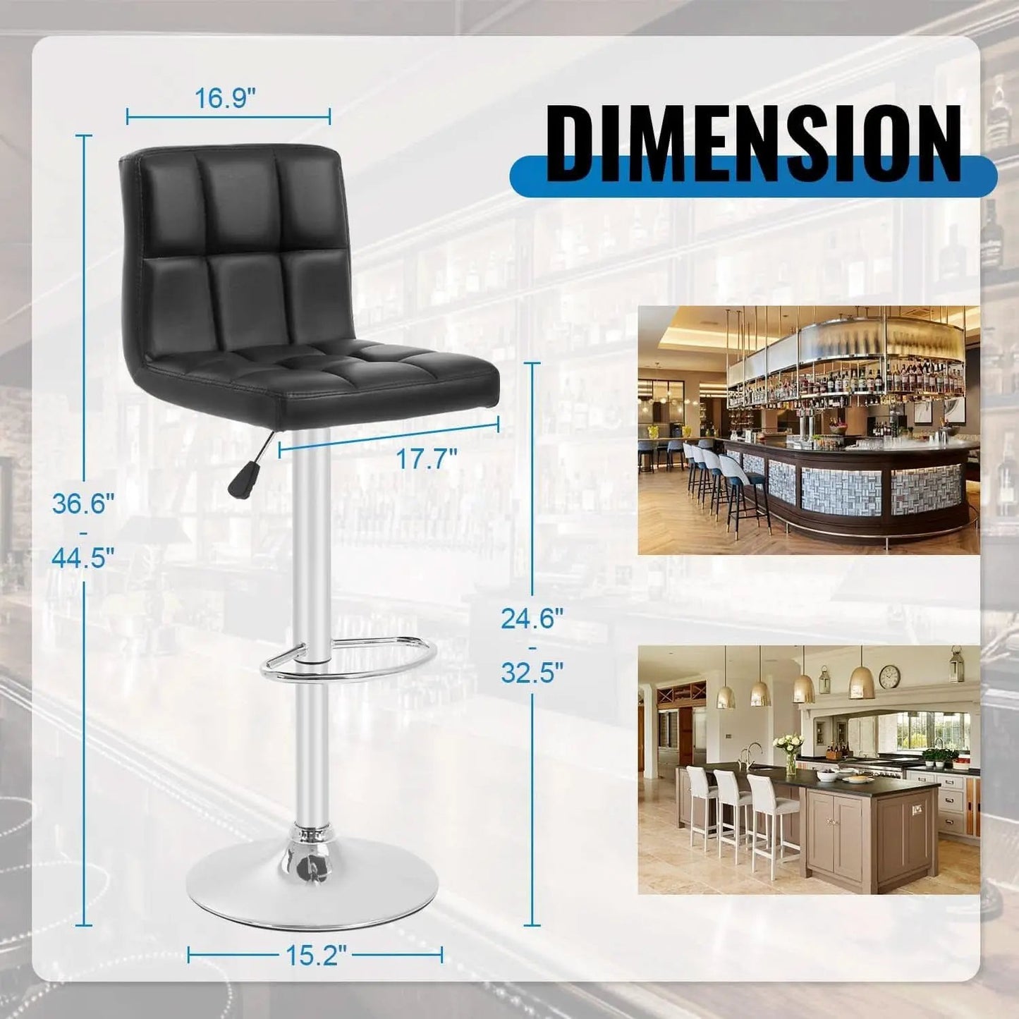 Set Of 2 Adjustable Swivel Bar Stools Black PU Leather from PriceLows™