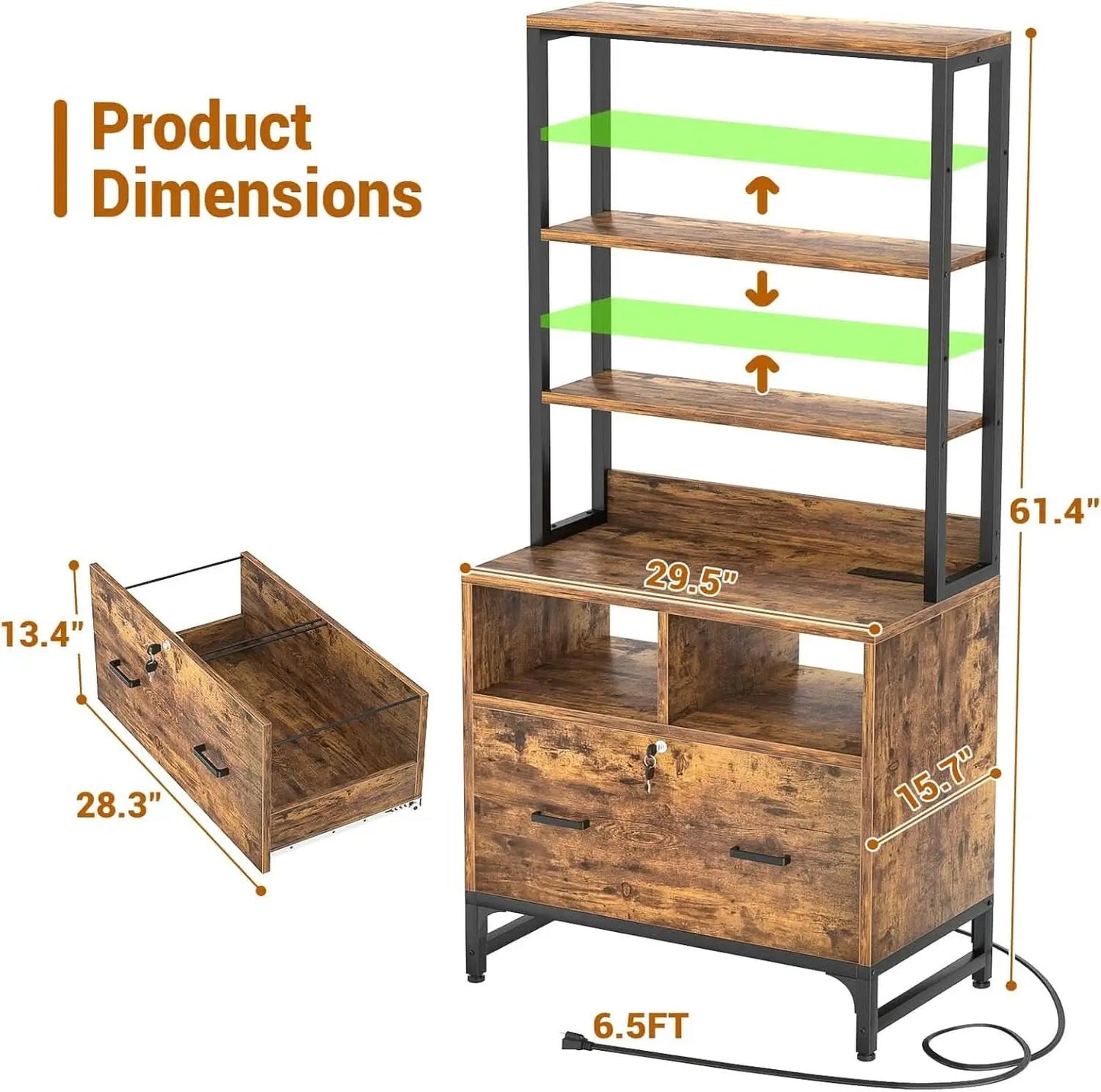 File Cabinet With Charging Station Lockable Vertical Filing Cabinet Rustic Brown from PriceLows™