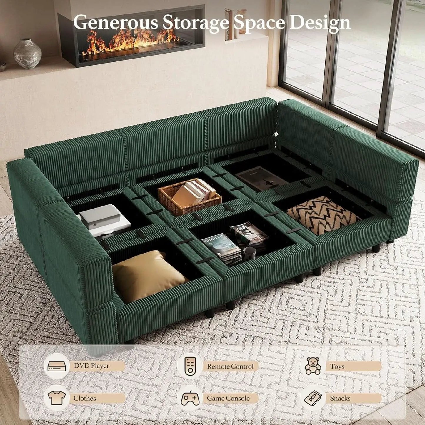 Green Modular Sectional Sofa Featuring Deep Storage from PriceLows™