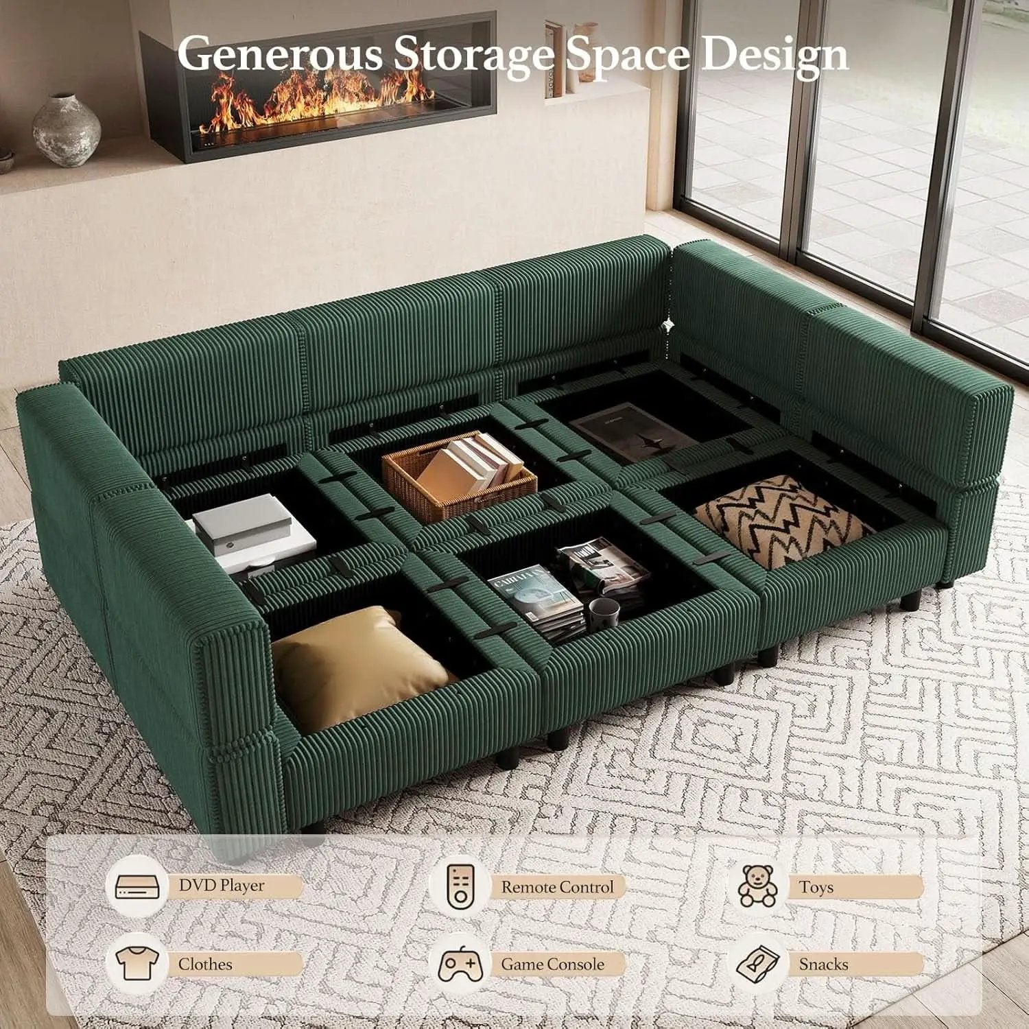 Green Modular Sectional Sofa Featuring Deep Storage from PriceLows™