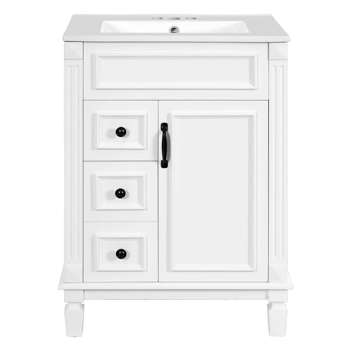 24 Inch Compact Bathroom Vanity | 2 Deep Drawers | Adjustable Shelf | Retro Button Handles