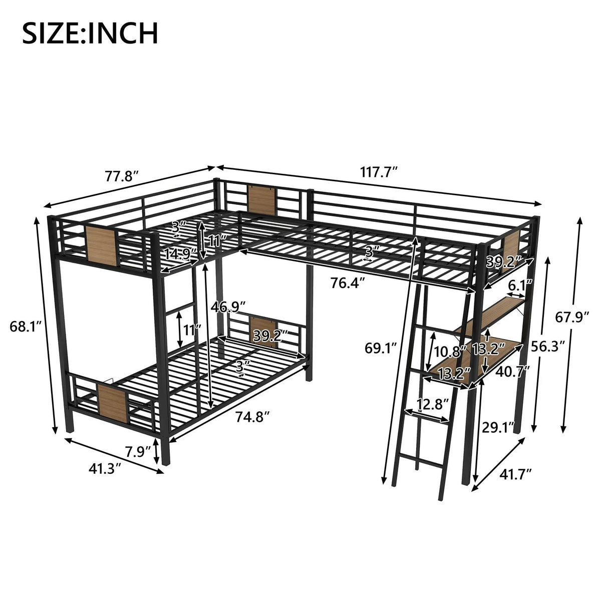 L-Shaped Twin Bunk Bed | Built In Desk | Twin Over Twin | Brown