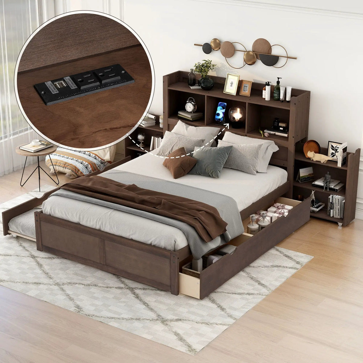 Storage Platform Bed | Solid Pine Wood | Trundle Base | 2 Drawer Storage
