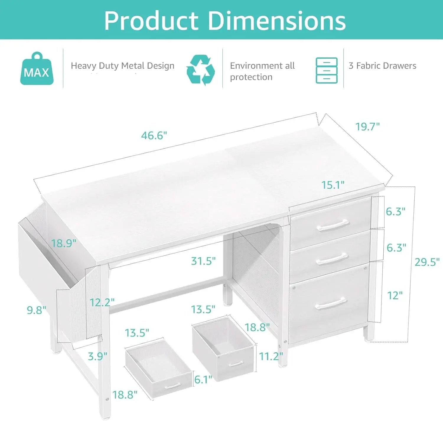 47 Inch White Computer Desk With Fabric File Drawers from PriceLows™