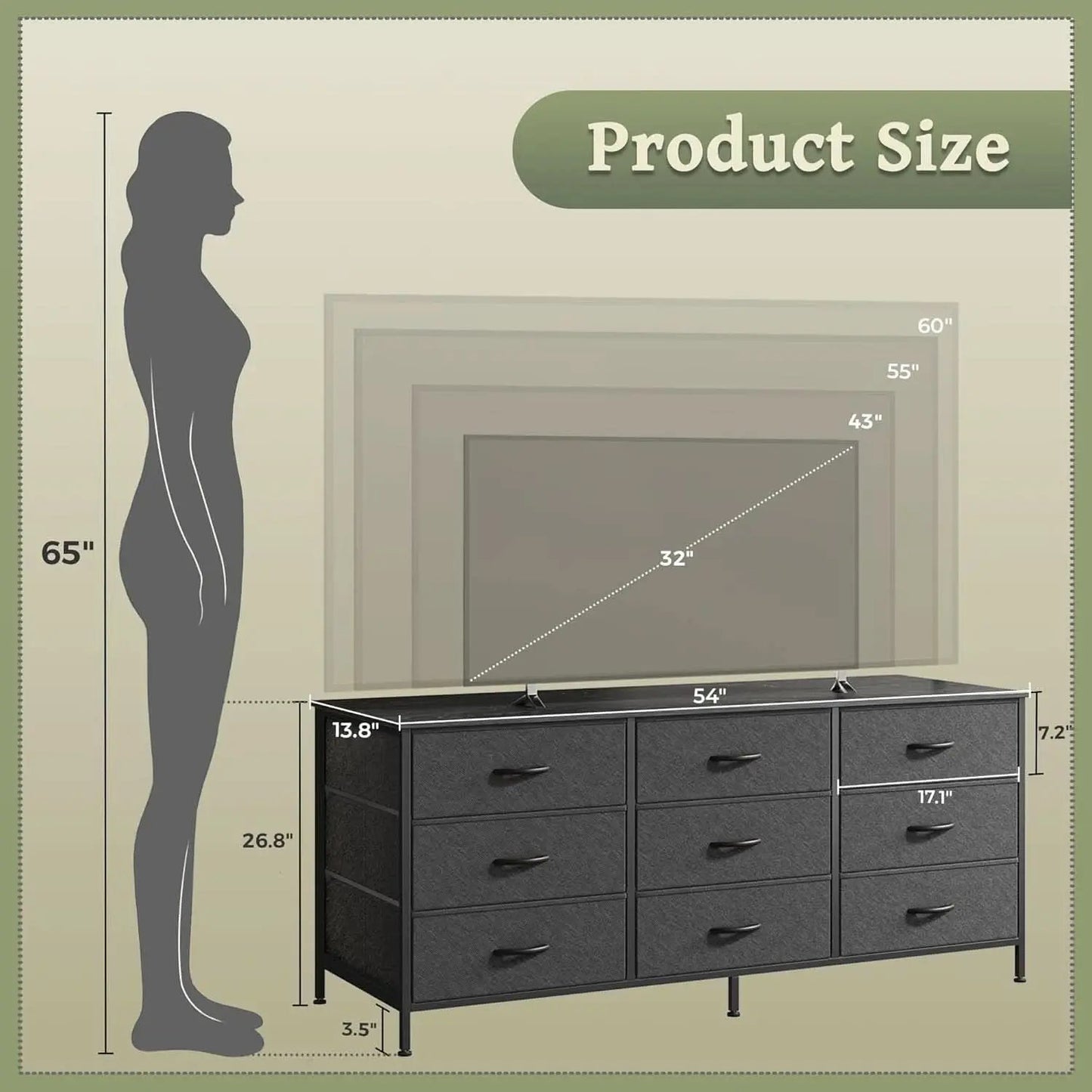 9 Drawer Dresser TV Stand for 55 Inch TVs Black Storage from PriceLows™