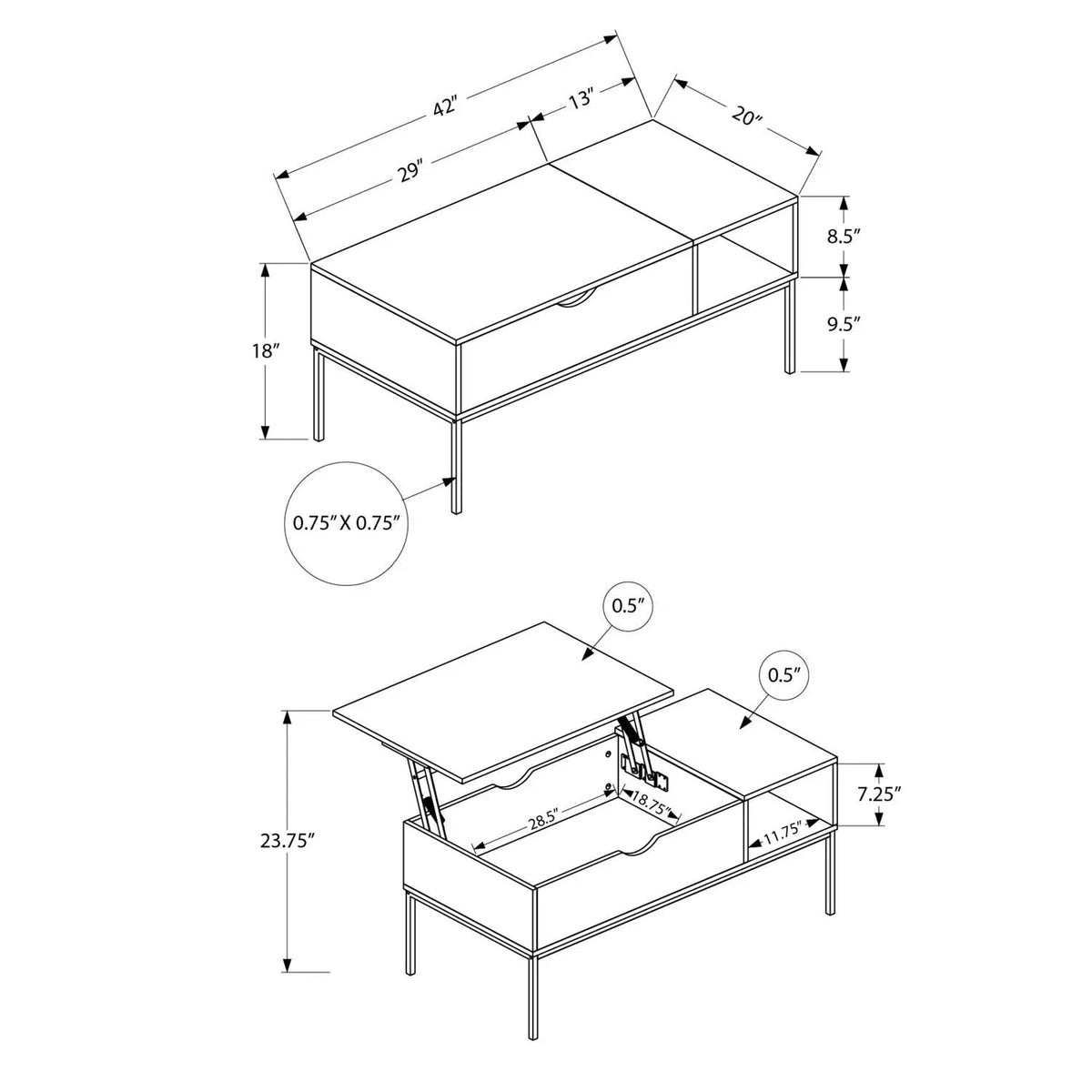 Rectangular Lift-Top Coffee Table | 42 Inch Width | Hinged Adjustable Top | Open Shelf