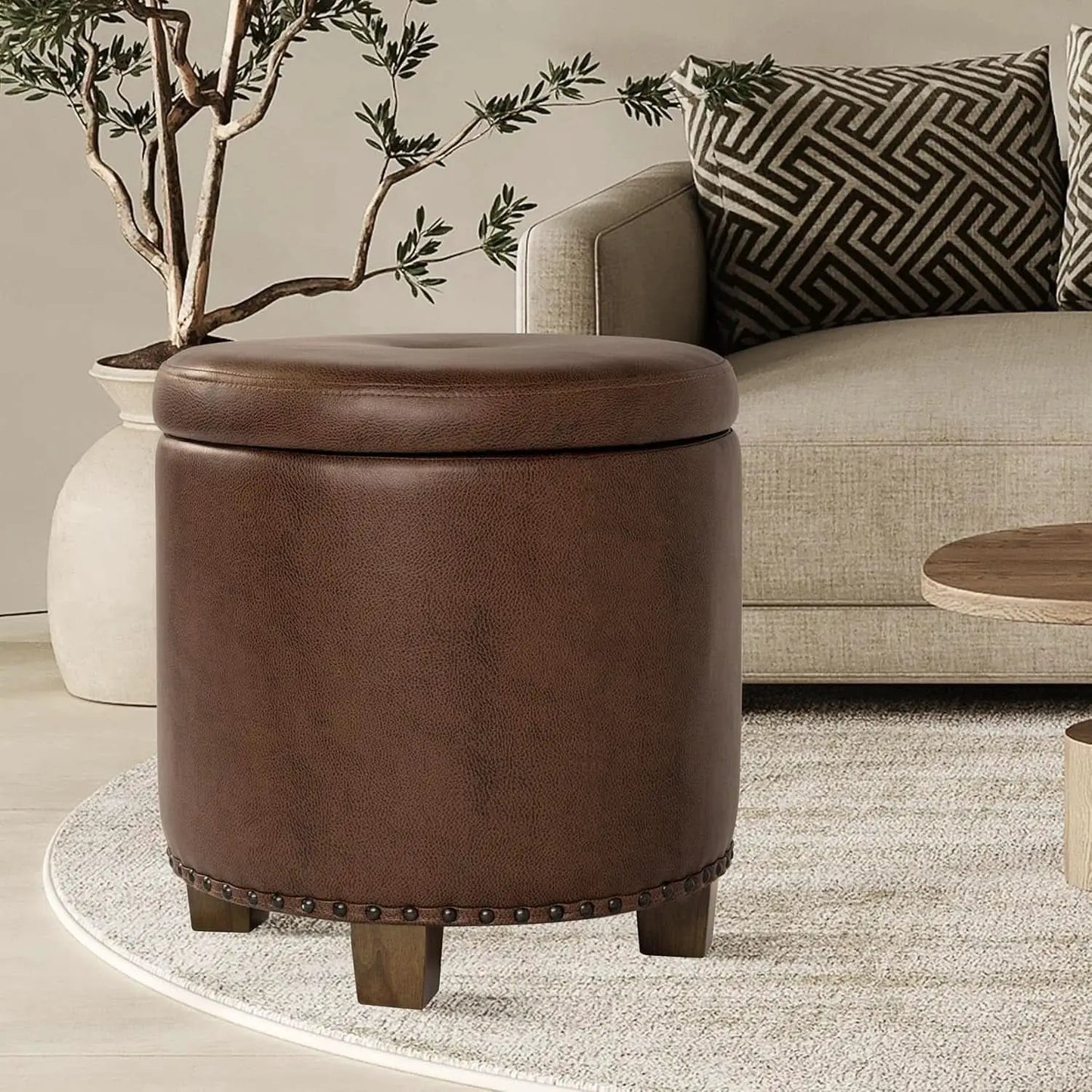 Round Storage Ottoman With Nailhead-Trim Brown Faux Leather from PriceLows™