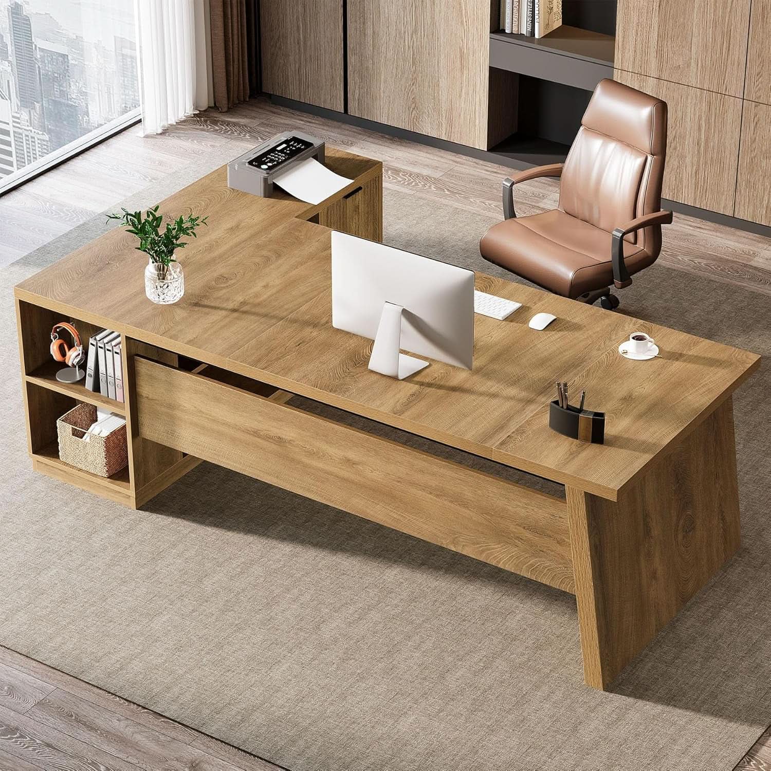 Executive Corner Desk 78 Inch Drawers Brown Shelves from PriceLows™