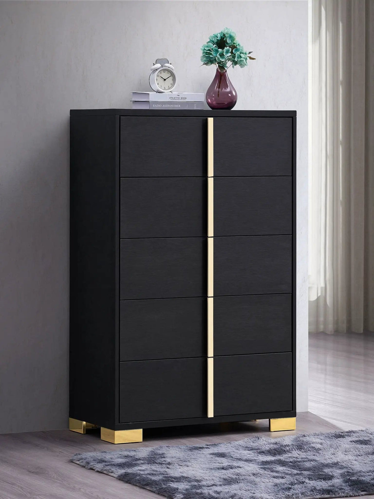 Marceline 5-drawer Bedroom Chest | 31.5 x 16.25 x 49.5 in | Engineered Wood & Metal | Black