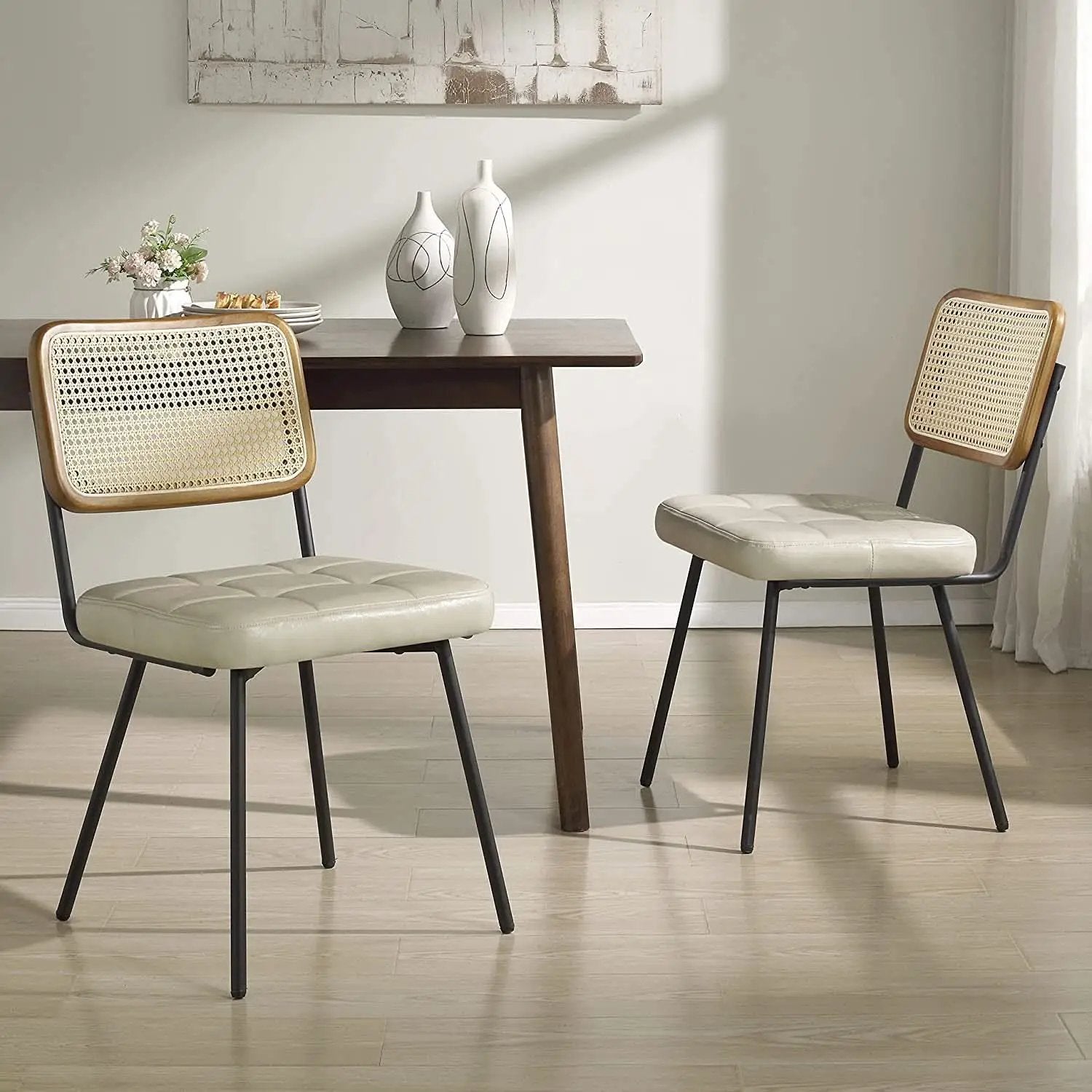 Rattan Dining Chairs Set Of 2 With PU Leather Cushions from PriceLows™