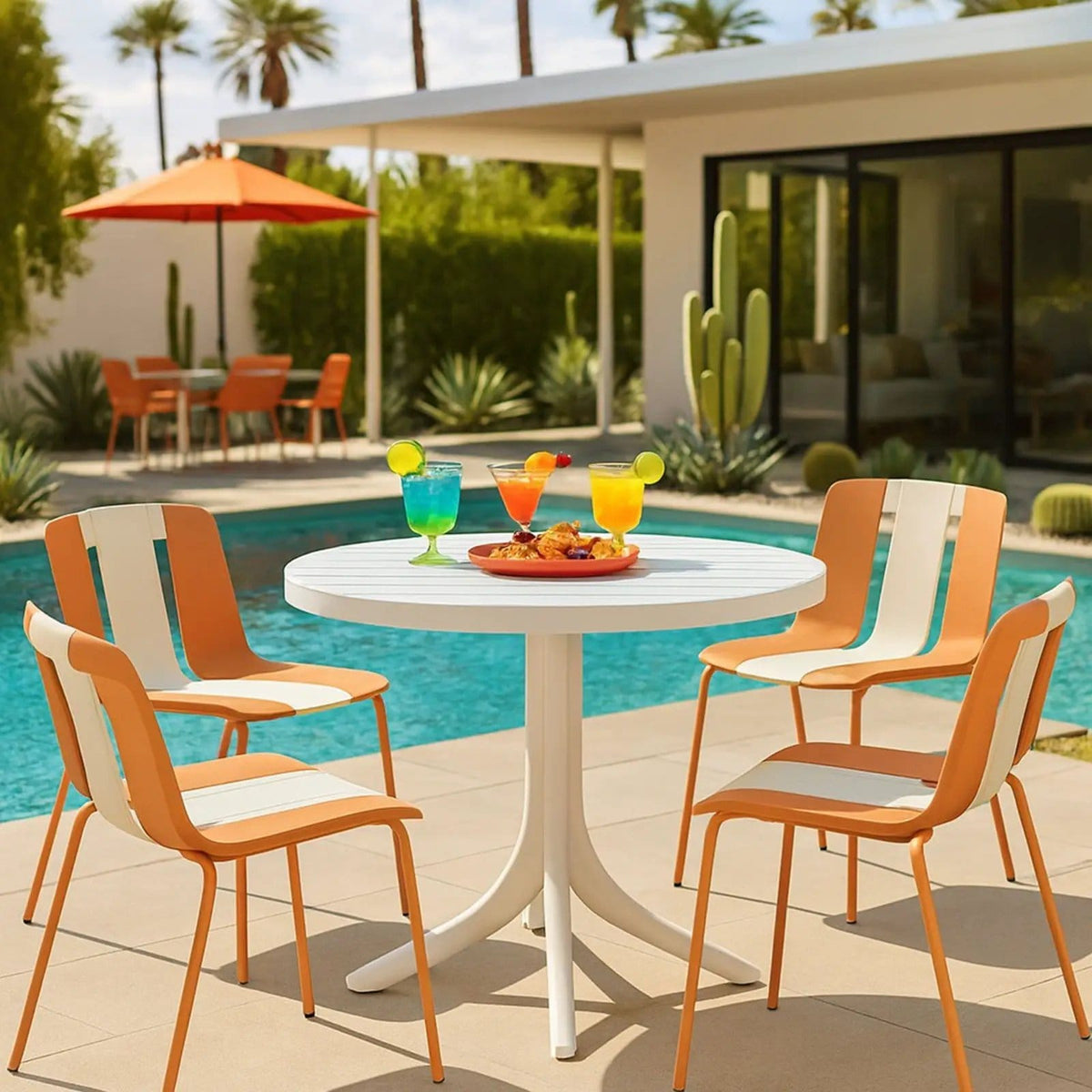 4 Piece Set Of Modern Striped Color Blocking Single Chairs With Round Table | 4-Piece Set | Metal | Outdoor Living