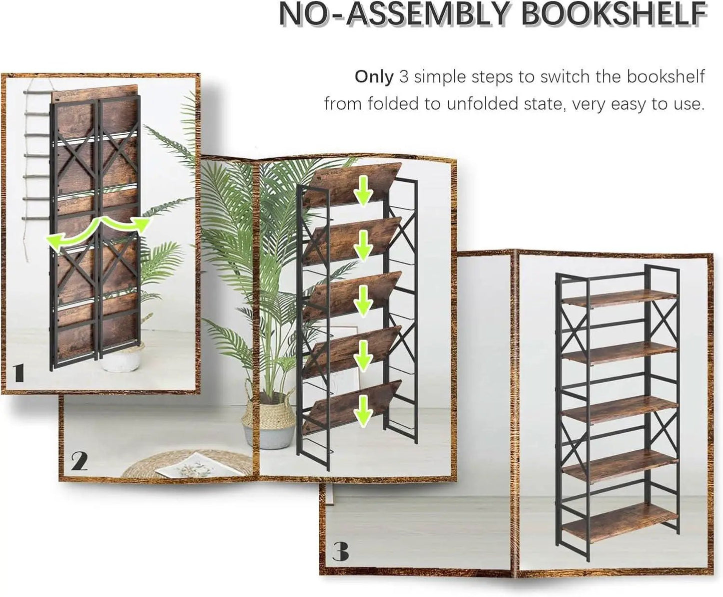 5 Tier Folding Bookshelf No Assembly Rustic Brown Storage from PriceLows™