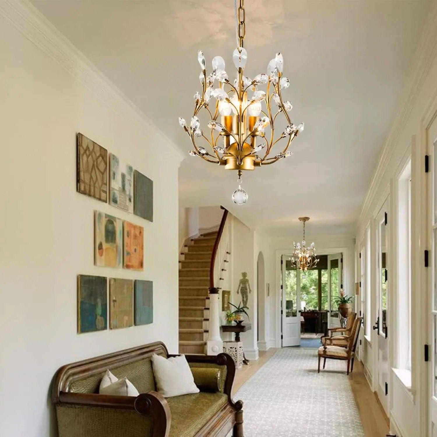 Gold Three Light Crystal Chandelier Ceiling Fixture With Adjustable Chain from PriceLows™