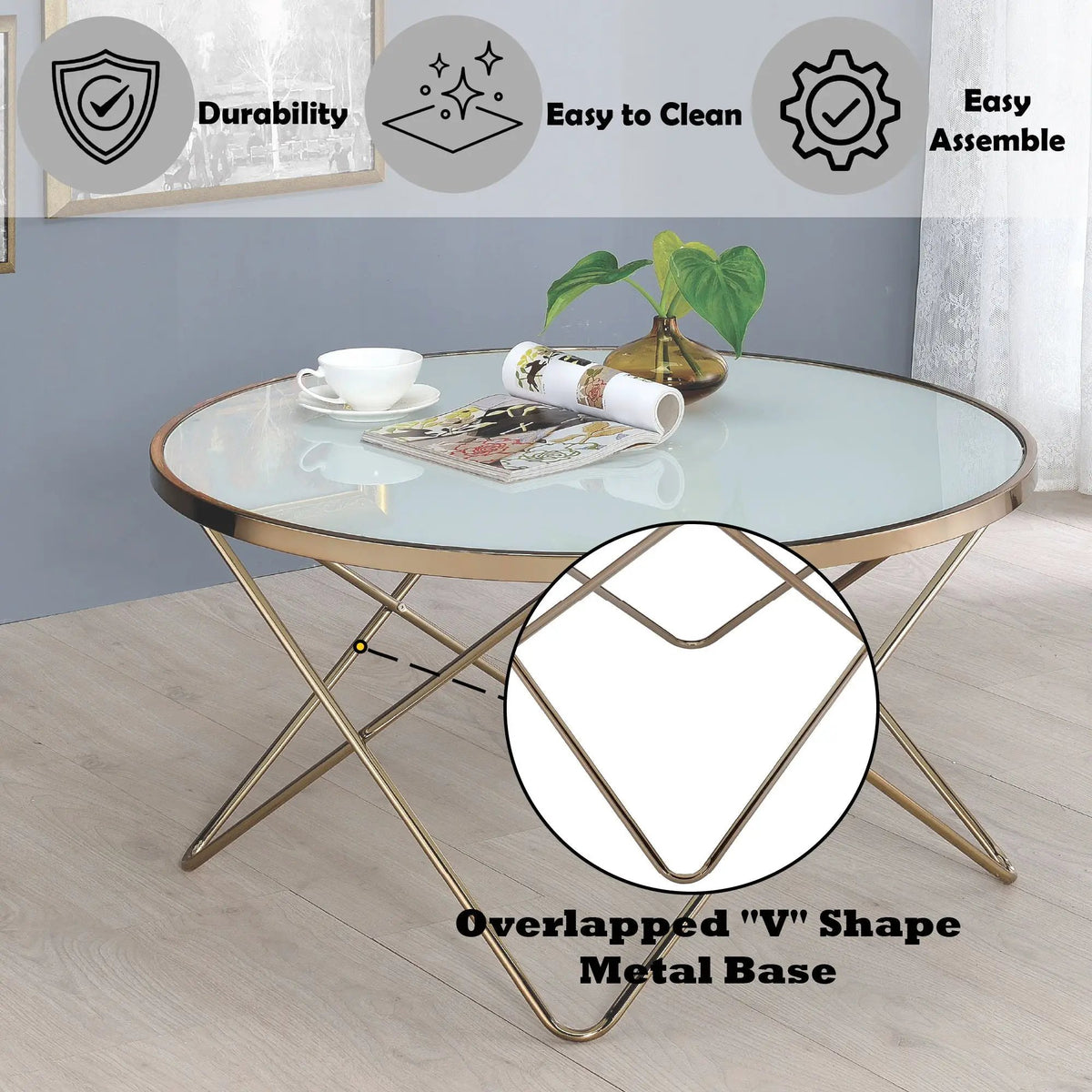 Valora Glass Coffee Table | Round 34 Inch | 5mm Smoky Glass Top | Overlapped Metal Base