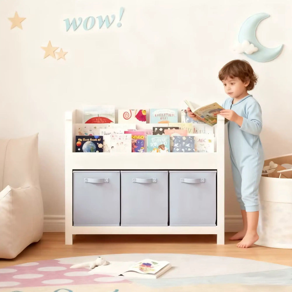 Kids Bookshelf | 3 Tier Front Facing | 3 Fabric Bins | White