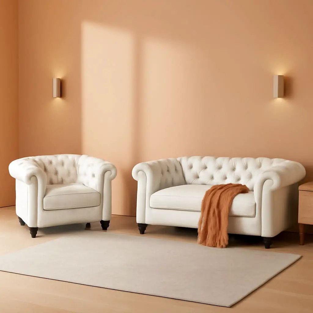 2 Piece Chesterfield Faux Leather Living Room Set Loveseat And Chair With Scroll Arms And Nailhead White from PriceLows™
