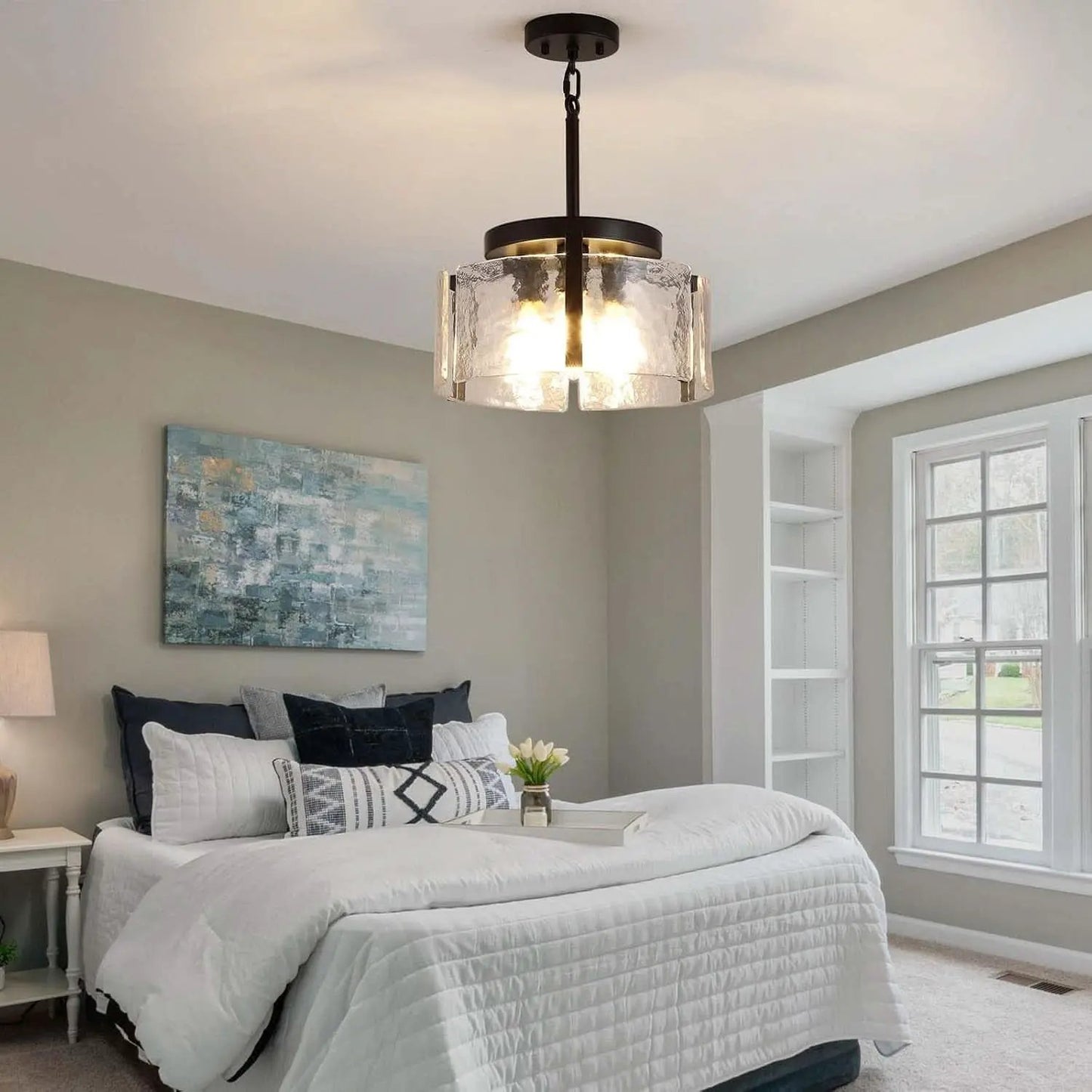 Black Adjustable Farmhouse Chandelier For Dining Room With Hammered Glass from PriceLows™