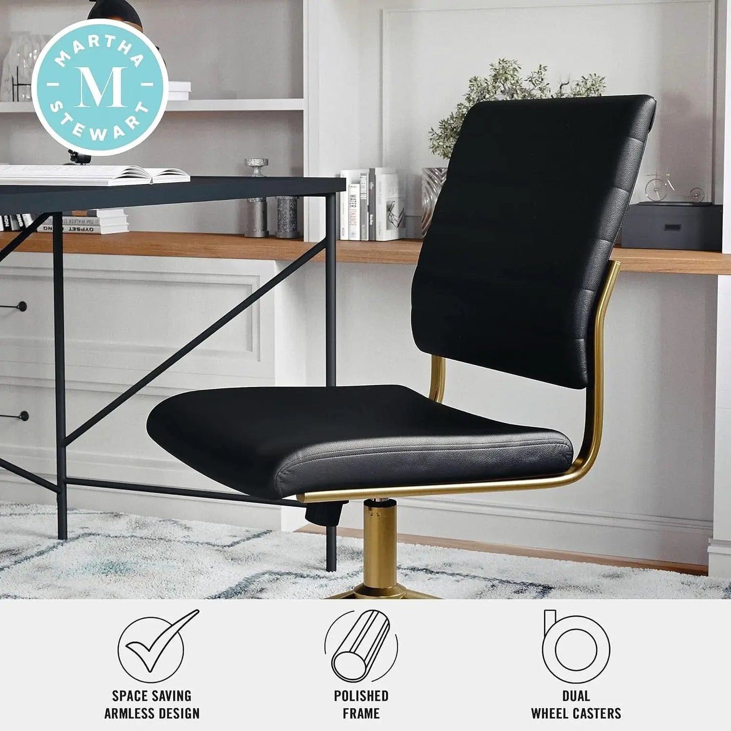 Armless Swivel Task Chair Black Faux Leather Brass Frame from PriceLows™