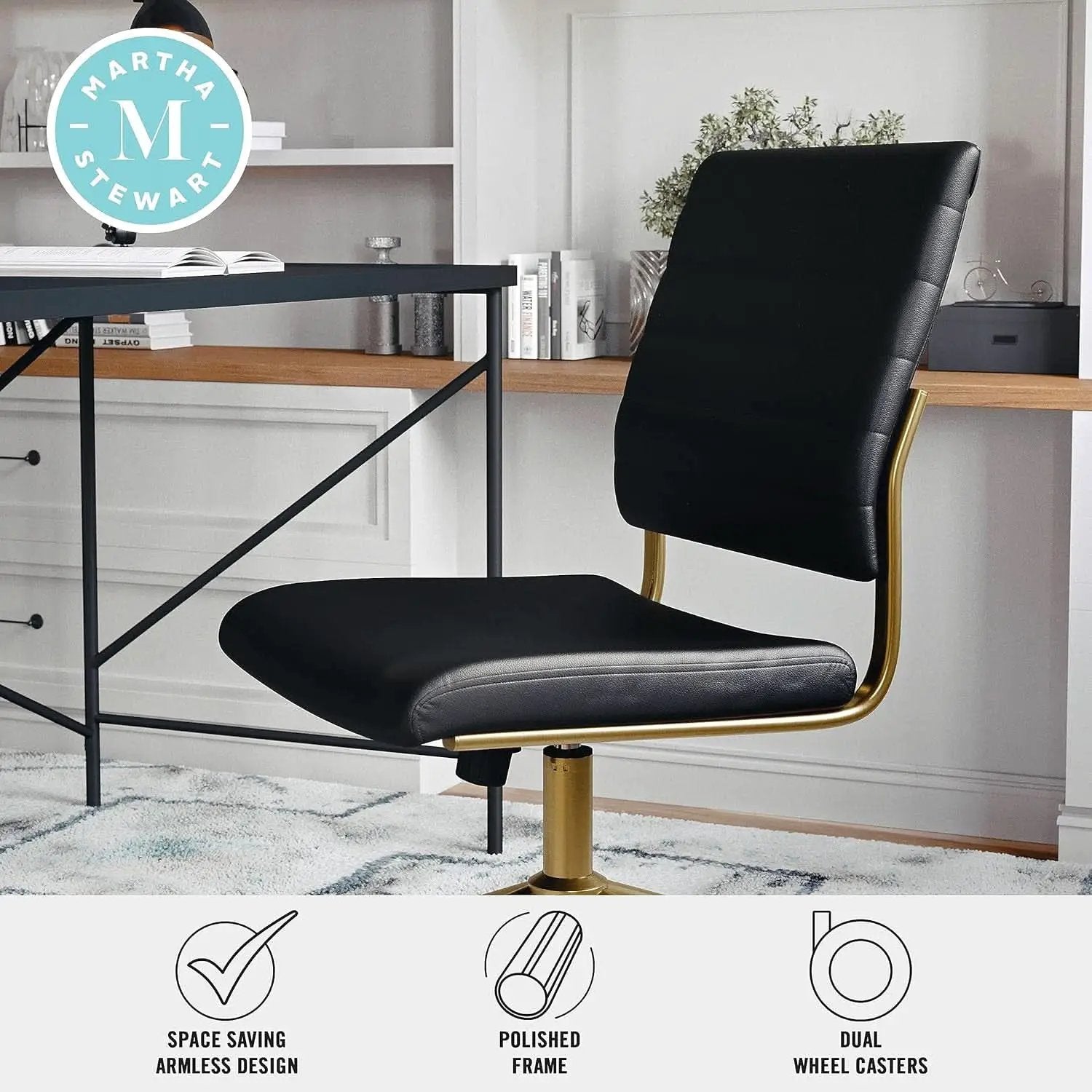 Armless Swivel Task Chair Black Faux Leather Brass Frame from PriceLows™