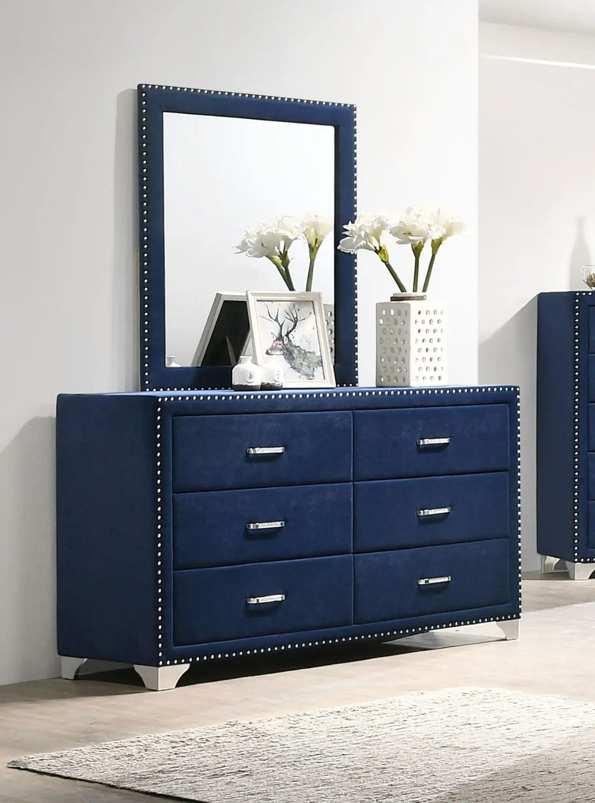 Melody 6-drawer Upholstered Dresser with Mirror Pacific | 60 x 20.75 x 75 in | Velvet & Metal | Blue