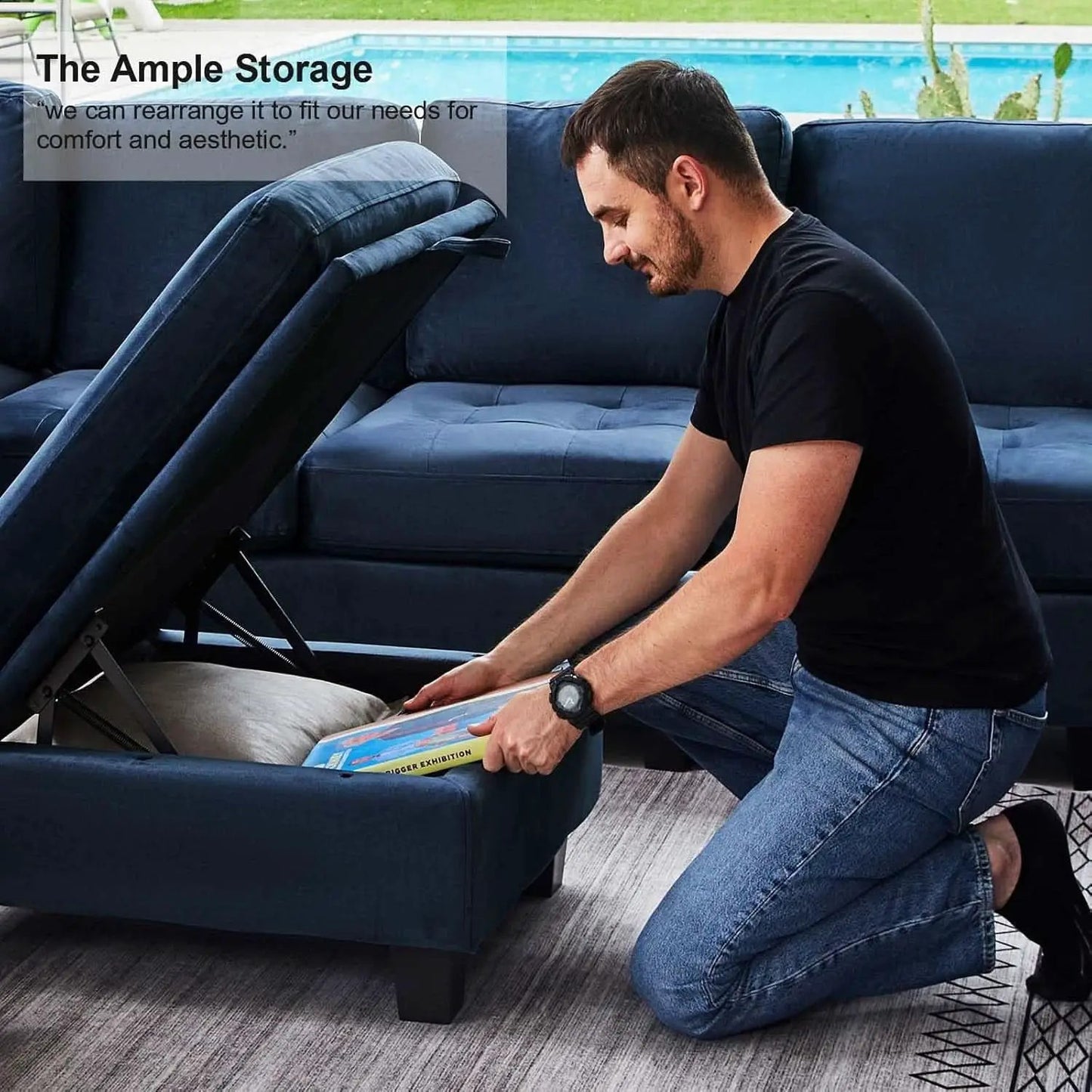 Velvet Modular Sectional Sofa With Storage Sleeper Blue from PriceLows™