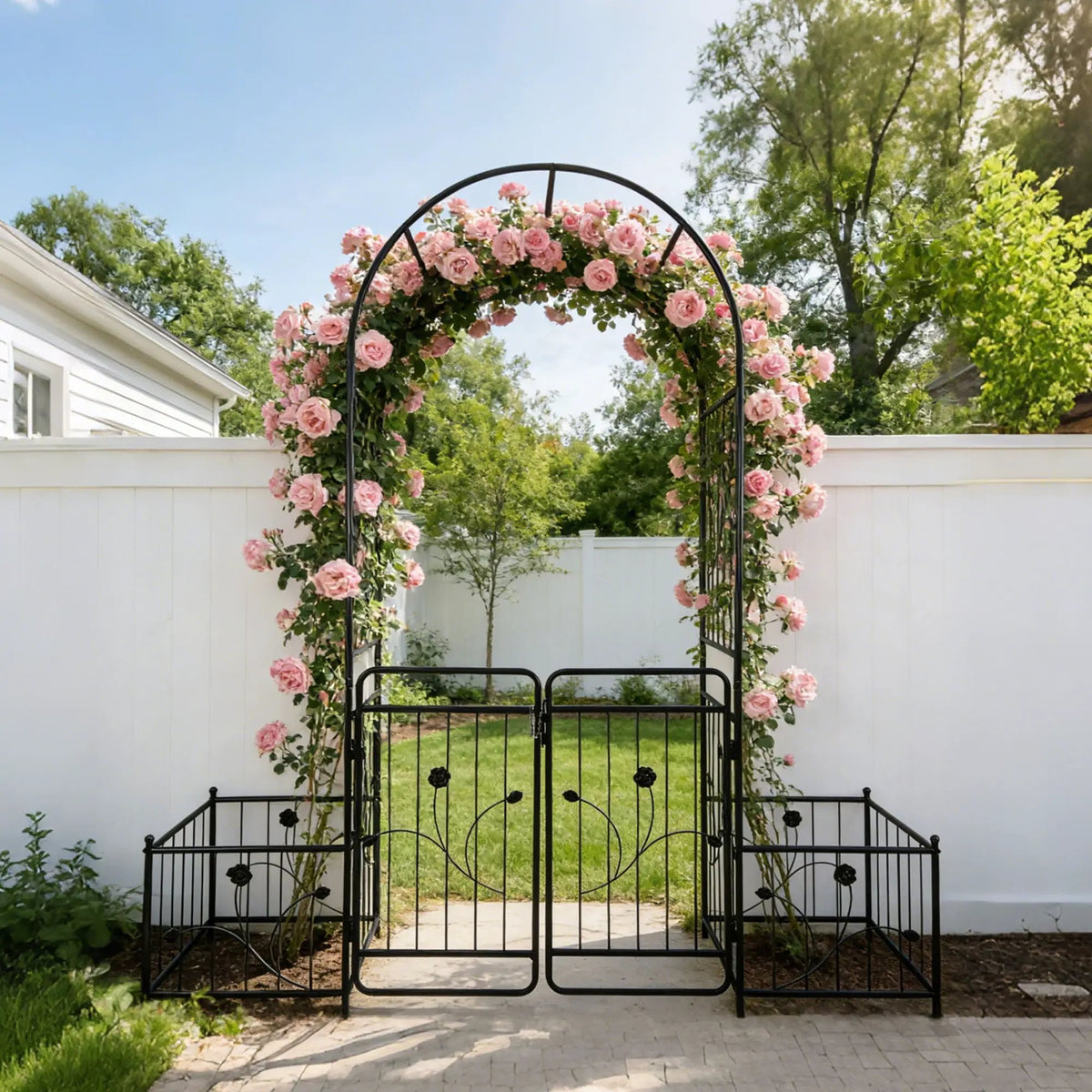 Wide Metal Garden Arch With Gate | Black | 79.5 Inch Width | 86.6 Inch Height