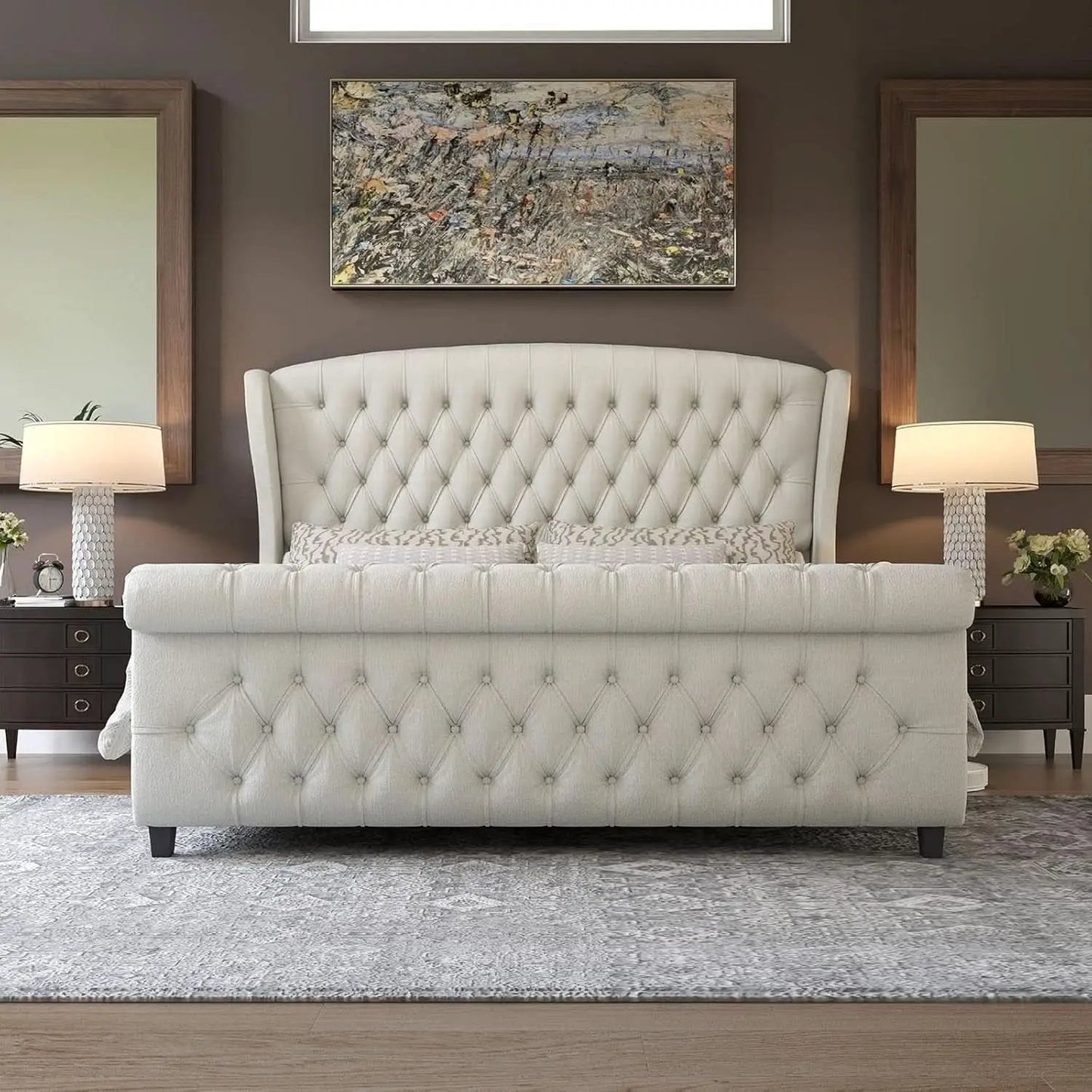Queen Size Chenille Upholstered Sleigh Platform Bed with Button Tufted Headboard from PriceLows™