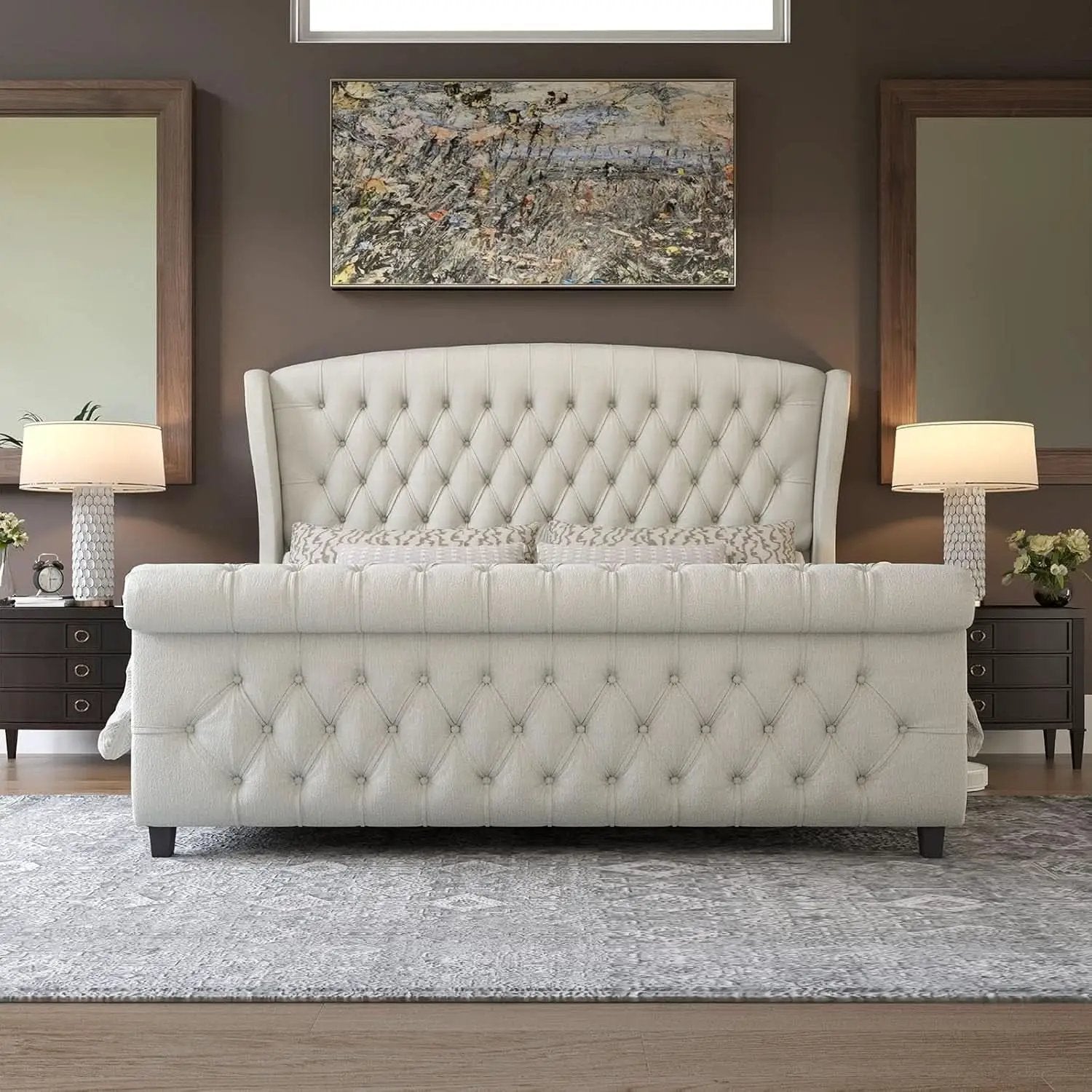 Queen Size Chenille Upholstered Sleigh Platform Bed with Button Tufted Headboard from PriceLows™