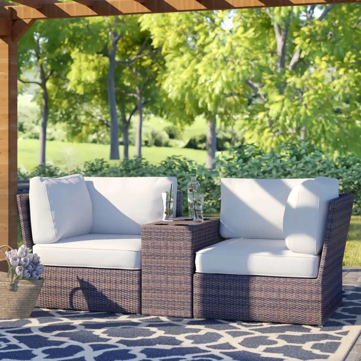 Outdoor Wicker Loveseat | 3-Piece Set | Aluminum Frame | 5 Inch Cushions