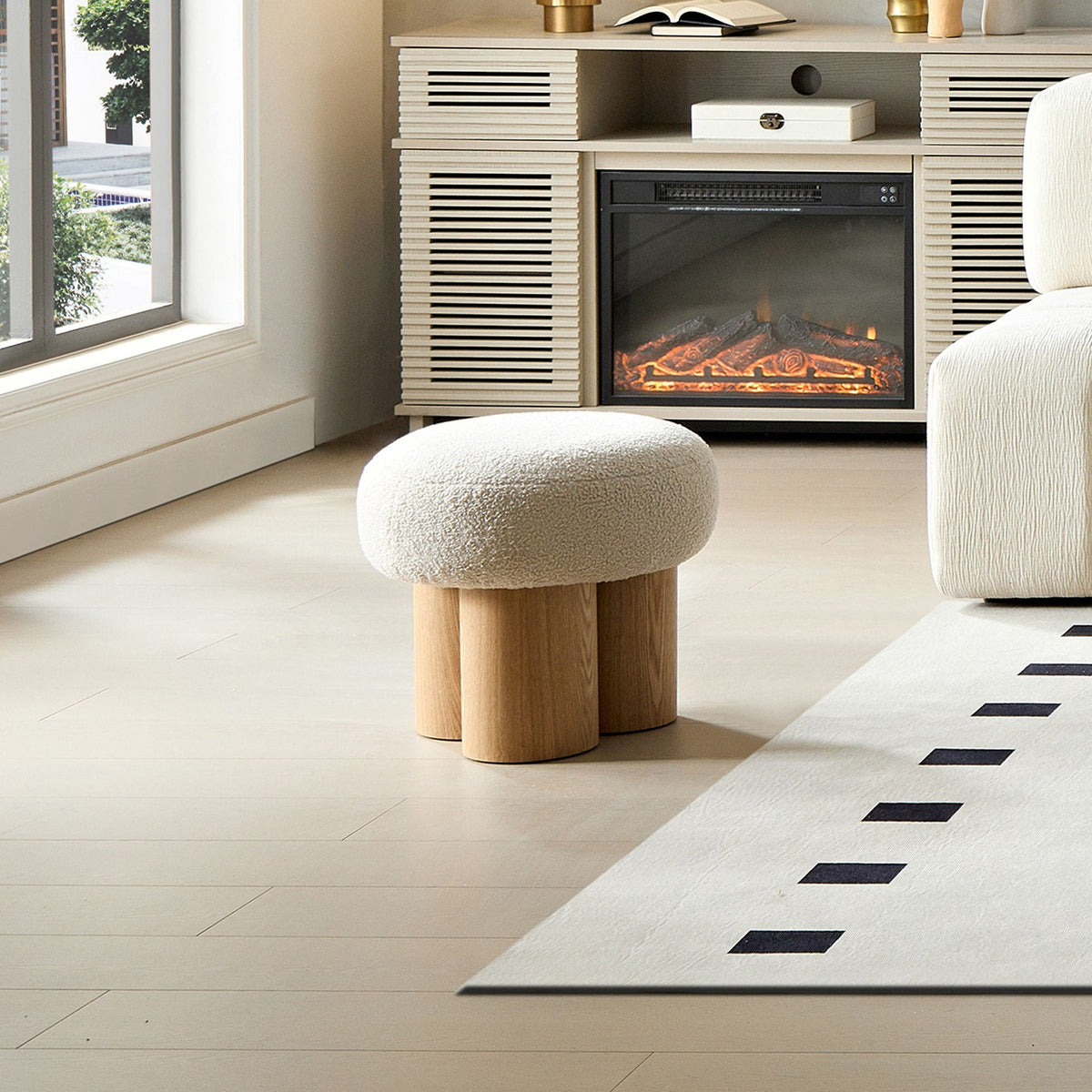 Mushroom Stool With Cushion | Greige Cushion | Wooden Barrel Base | 15.75 Inch Height