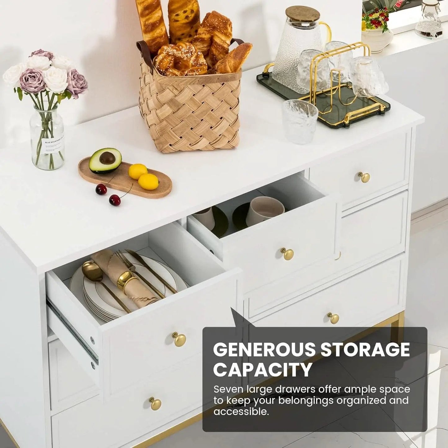 White 47 Inch 7 Drawer Dresser With Deep Drawers Storage from PriceLows™