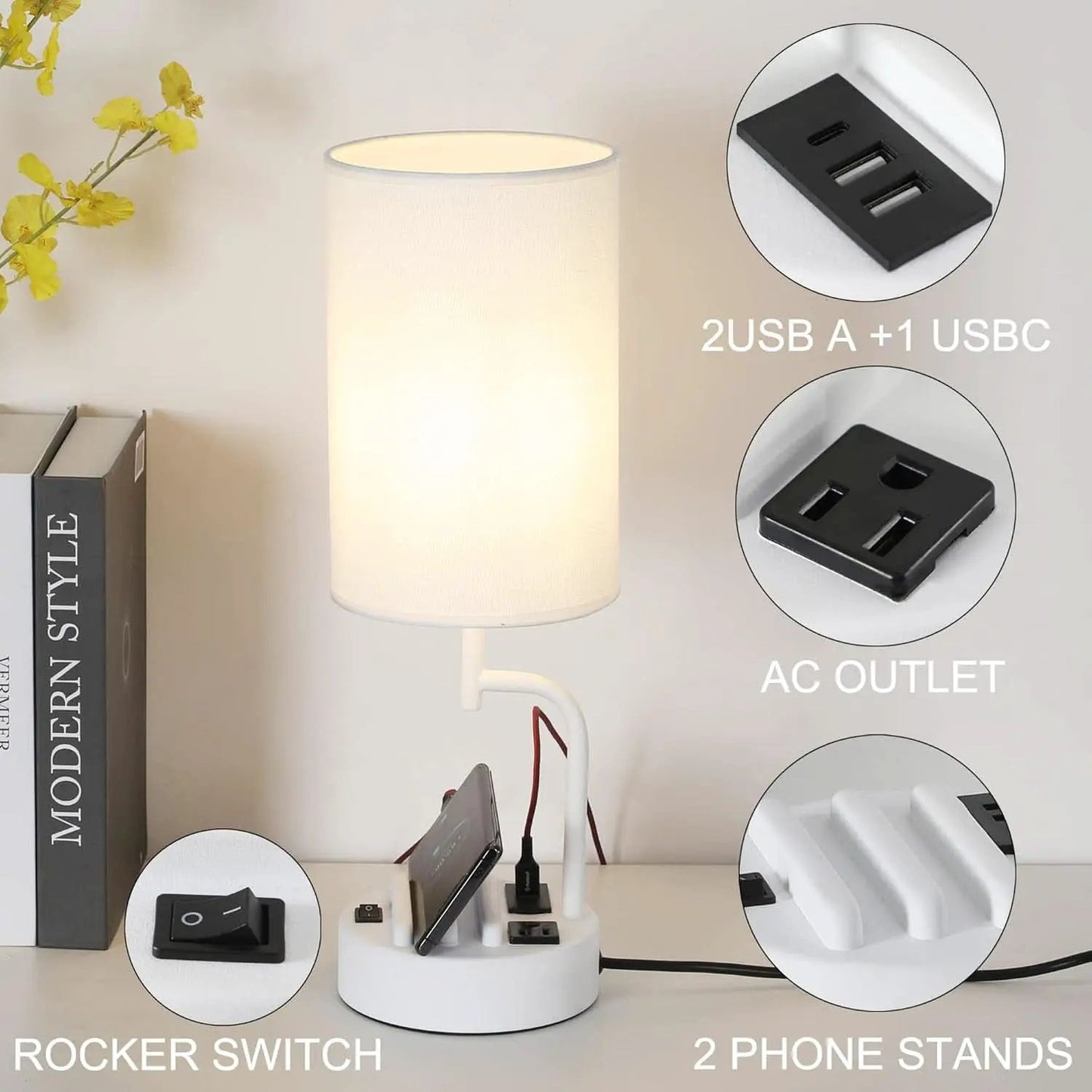 Table Lamp With 3 USB Ports White Finish For Home Office from PriceLows™