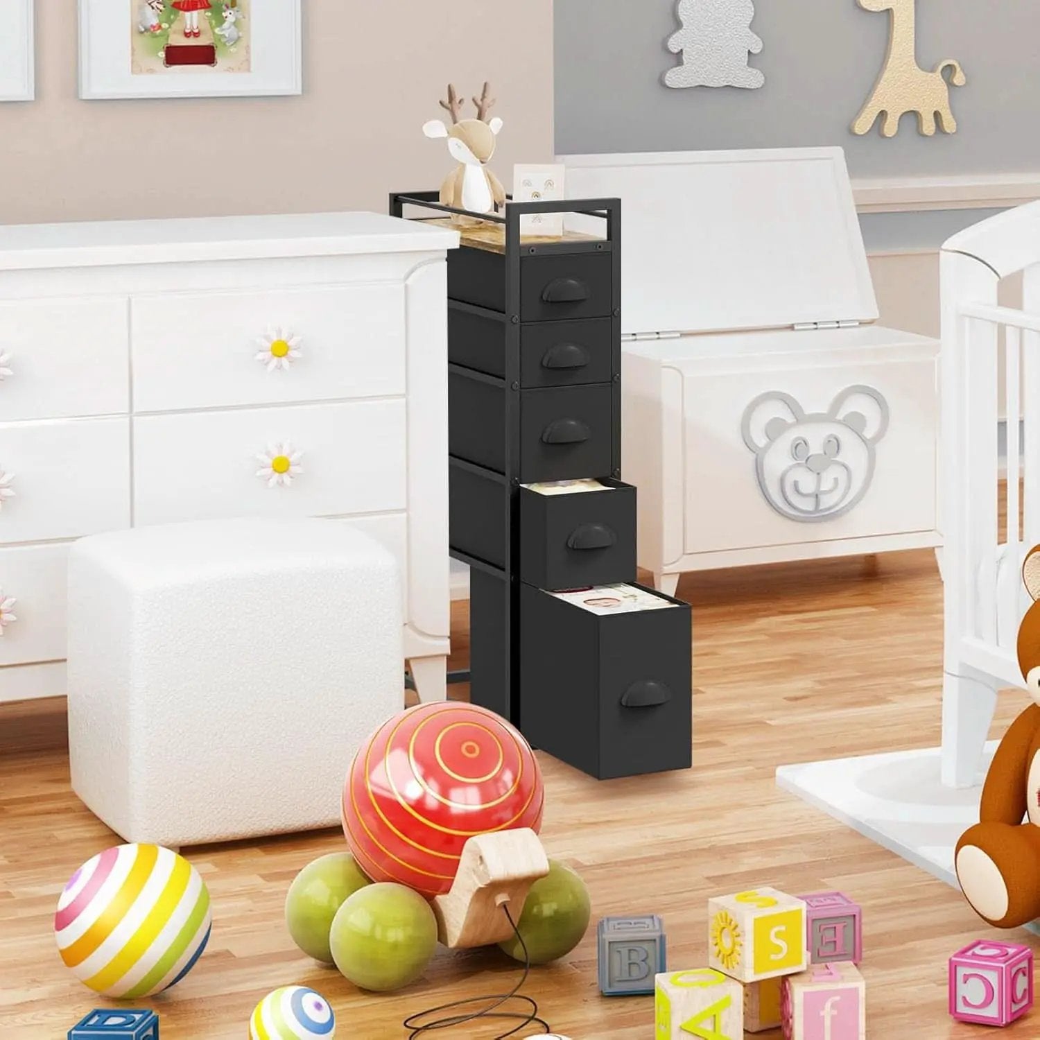 Black SlimStorage Narrow Five Drawer Dresser On Wheels from PriceLows™
