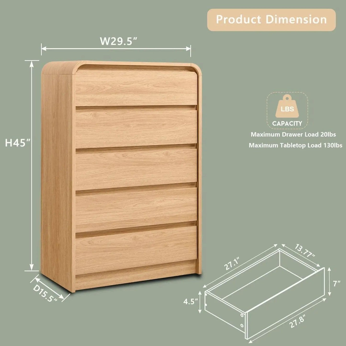 Vertical Dresser With Five Drawers In Natural Oakgrain