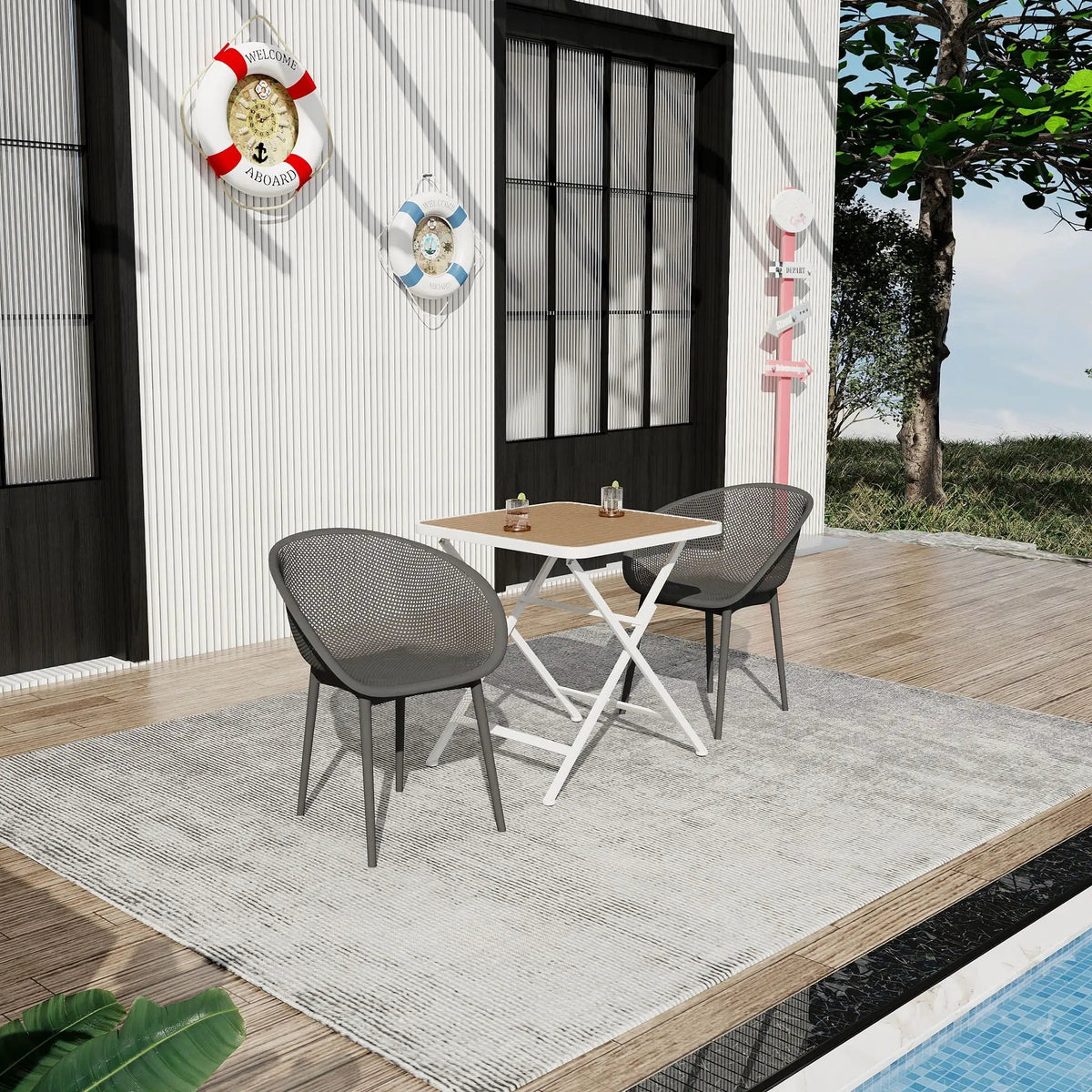 Lounge Chair Set With Folding Table | 2 Pack Chairs | All-Weather Polypropylene | Woven Design